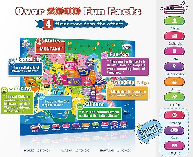 V2 Interactive Kids Map Bilingual United States Map for Kids Learning, Educational Talking USA Map Poster Geography Games Personalized Kids Toys for Boys & Girls Ages 3-12