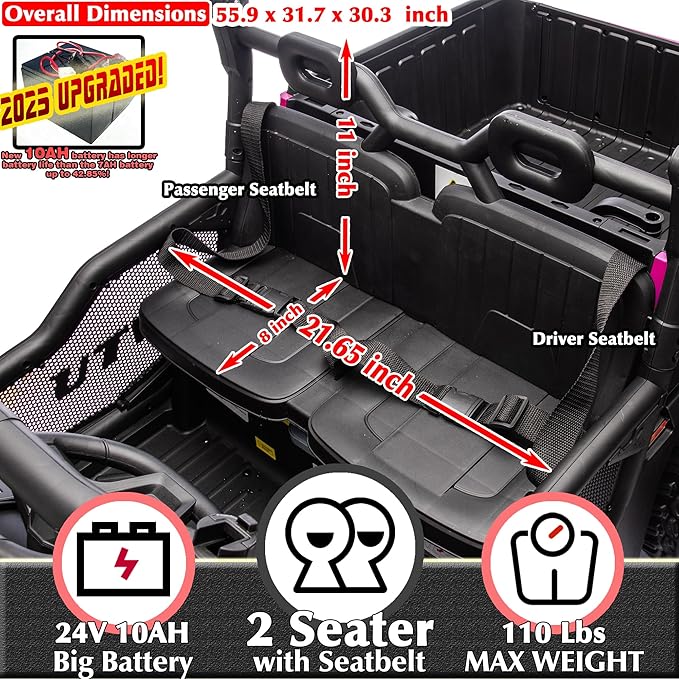 sopbost 24V Ride On Car with Remote Control 10Ah Battery Powered Ride On Toy for Big Kids to Drive 2 Seater UTV with Large Dump Bed, 4x75W Motors, Hot Pink & Black