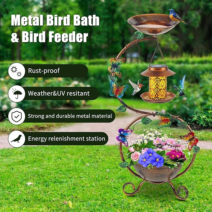 Metal Birdbath with Flower Planter Pedestal and Solar Bird Feeders Combo for Outdoor, Decorative Bird Bath with Butterfly for Garden Yard Outside