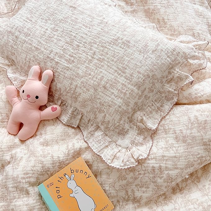 BuLuTu 100% Cotton Muslin Toddler Pillowcase with Ruffles Edges, Cute Rabbit Pattern Toddler Pillow Cover Soft Breathable Gauze Cotton Kids Pillow Cases for Boys,Girls, 1 Piece, 14"x20"