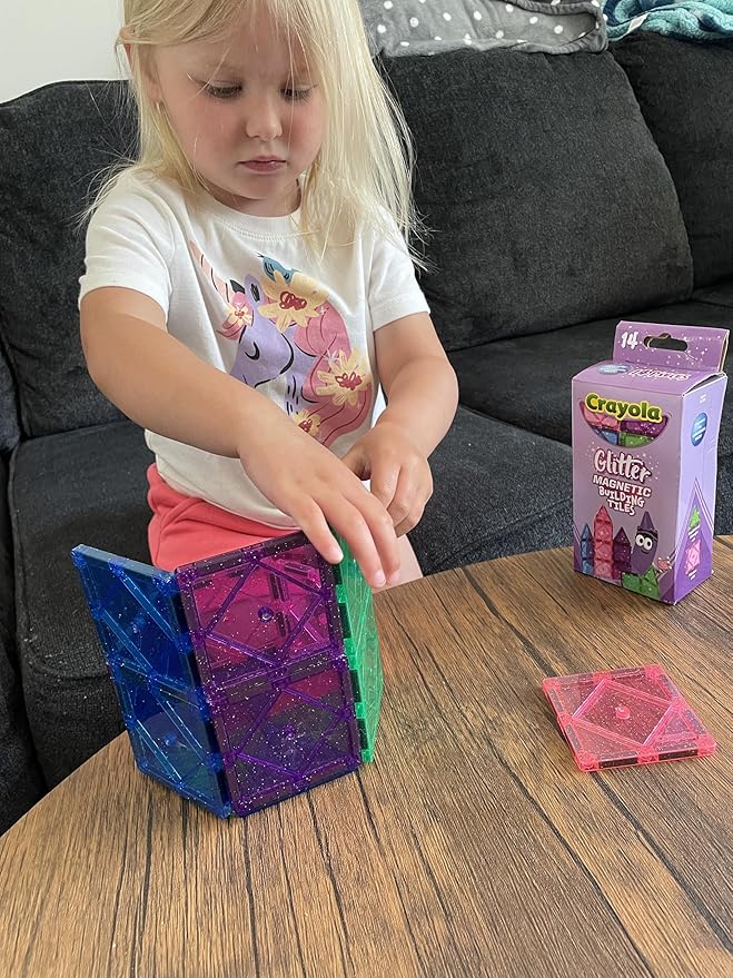 CreateOn Crayola Magnetic Tiles, Building Set for Kids, Magnetic Toys for Kids, Travel Toys, Classroom Sensory Toy Blocks, STEM & Montessori Tools for Boys & Girls Ages 3+, 14-Piece Set (Glitter)