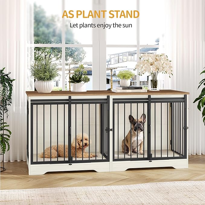 54" Dog Crate Furniture for 2 Dogs, Double Dog Cage with Divider, Wooden Heavy Duty Dogs Kennel, Pet Cage with Barn Door, TV Stand for Large Small Medium Pet, White Brown DFC88314B