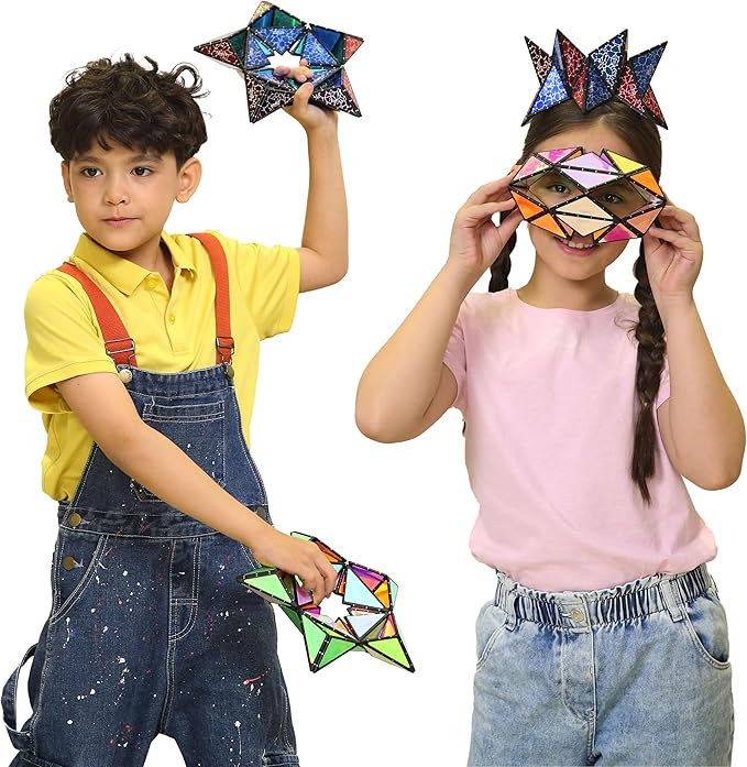 TOSY Magnet Pyramid Stone - 1 Cube Transforms into 1 Billion Shapes, 14 pcs (12 Puzzle pcs and 2 Accessories), 243 Rare Earth Magnets, Holographic Design Magnet Tiles Creative Puzzle STEM Toy, 2-Pack