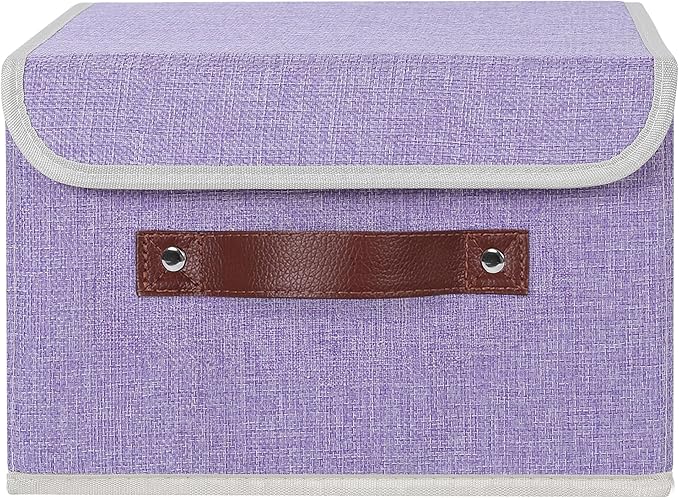 ANMINY Storage Bin with Lid Storage Boxes with PU Leather Handles PP Plastic Board Decorative Foldable Lidded Cotton Linen Fabric Home Cubes Baskets Closet Organizer Container - Purple, Small Size