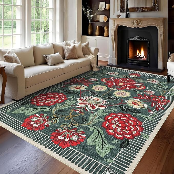 GarveeHome Floral Botanical Washable 9x12 Area Rug for Living Room Soft Grey Green Vintage Boho Cottage Large Rugs Low Pile Carpet for Bedroom Dining Nursery Rug