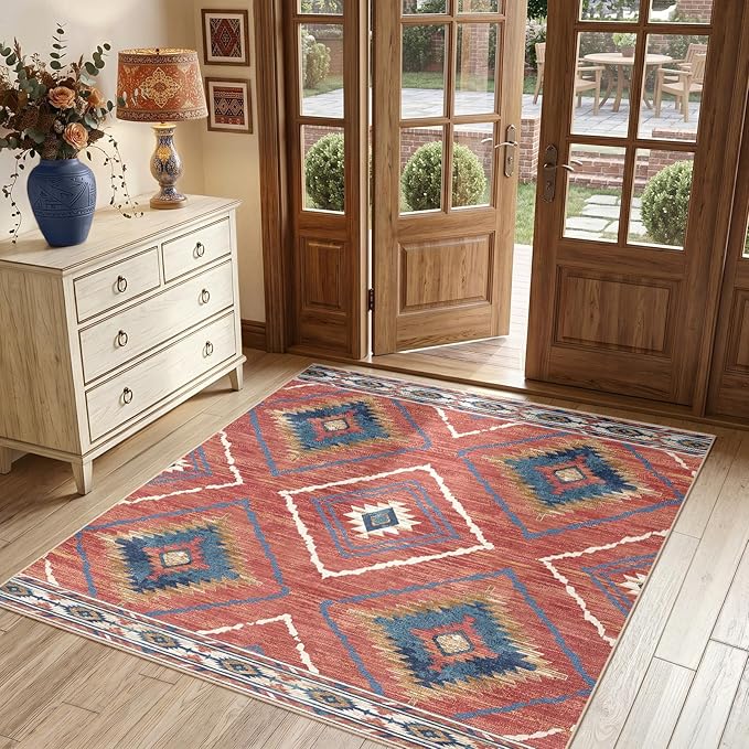 BESTSWEETIE Area Rug 8x8 Rug Machine Washable Non-Slip Low Pile Print Pattern