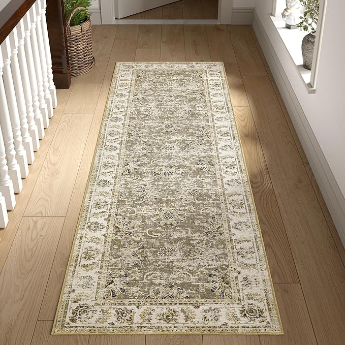 jinchan Runner Rug 2x6 Washable Hallway Runner - Vintage Floral Non Slip Low-Pile Soft Thin Kitchen Rug Distressed Carpet for Farmhouse Bedroom Entryway Laundry Room(2x6ft,Taupe)