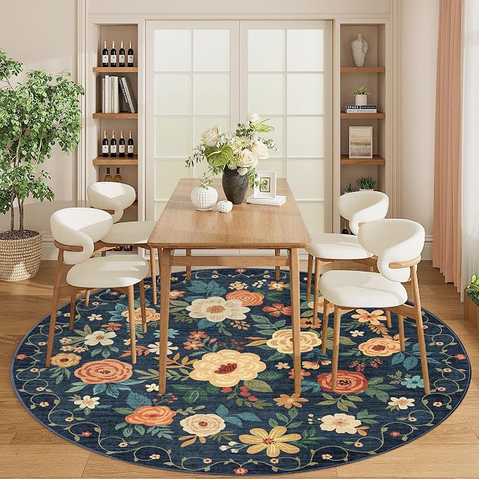 DUKINO Floral Round Rug, 6ft Washable Circle Rug, Non Slip Indoor Low Pile