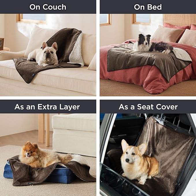 Bedsure Waterproof Blanket for Bed - Sherpa Fleece Waterproof Dog Blankets for Large Dogs, Pet Blankets for Bed/Couch/Dog Crate, Soft Plush Reversible Furniture Protector, Queen Size, 90"x86", Brown