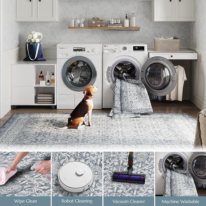 jinchan Floral 9x12 Area Rugs for Living Room - Machine Washable Vintage Distressed Boho Design Soft Throw Rug Large Carpet Low-Pile Thin Non-Slip for Bedroom Dining Room Nursery (9‘x12',Grey)