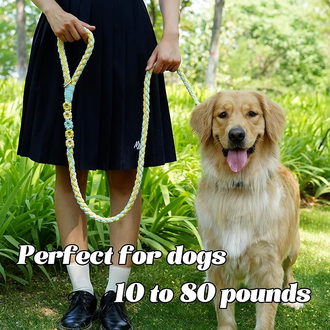 Handmade 5ft Braided Cotton Dog Leash with Unique Floral Handle, Durable and Stylish, Ideal for Small to Large Dogs, Blue & Yellow Twist