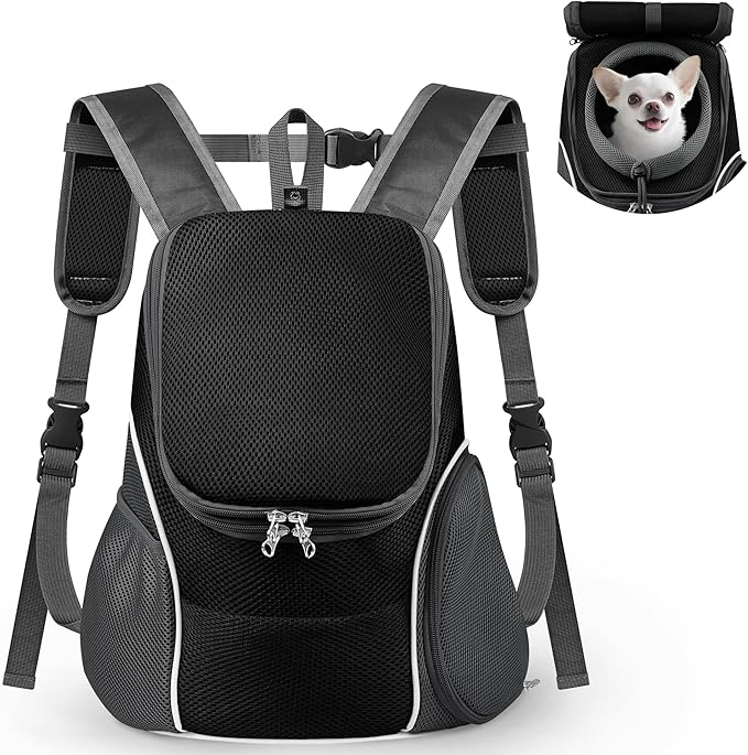 WOYYHO Pet Dog Carrier Backpack with Top and Side Windows, Small Dog Front Backpack Ventilated Dog Back Pack with Safety Belt for Travel Hiking Outdoor Adventures (Size L: 10-14 lbs, Black 2.0)