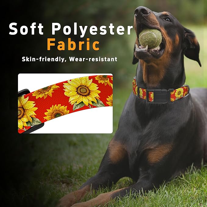 Sunflower Dog Collar, Floral Boys Girls Puppy Collar for Small Medium Large Dogs, Adjustable Soft Flower Pet Collar with Safety Buckle for Male Females(Red Sunflower, XS)