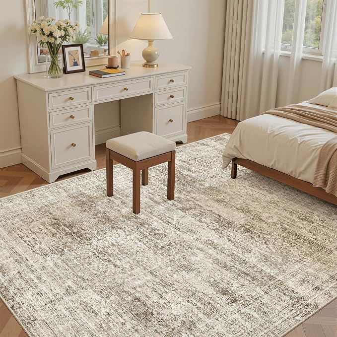 Soalmost 5x8 Area Rugs Brown Low Pile Indoor Washable Trendy Faded Style Rugs