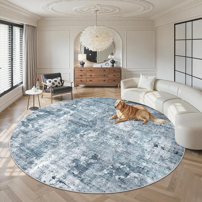 Soalmost 8x8 Blue/Grey Round Rug 8ft Living Room Circle Rug Vintage Round Area