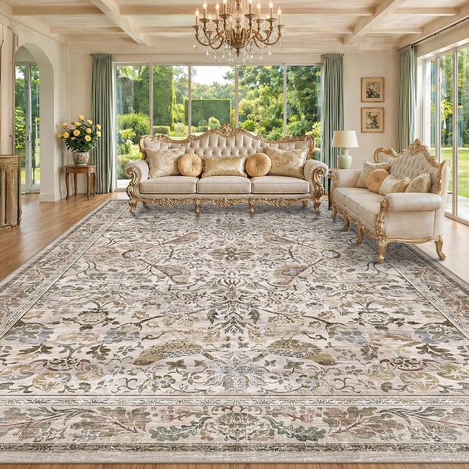 Washable Floral 10x12 Area Rug for Living Room