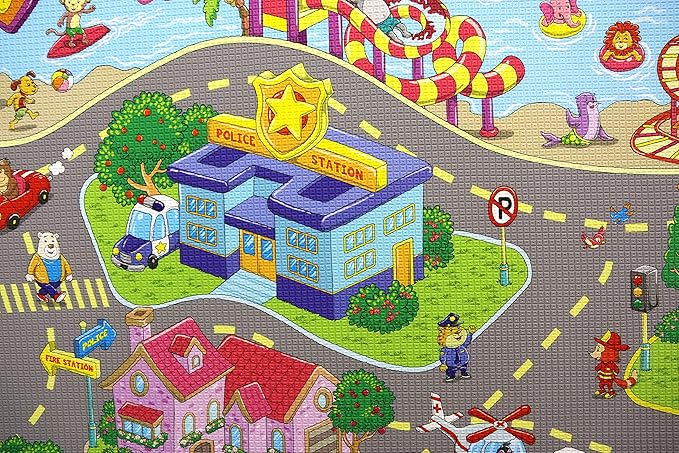 Baby Care Play Mat (Large, Playful - Zoo Town) 82'' x 55'' Original One-Piece Reversible Rollable Waterproof Play Mat for Infants, Babies, Toddler, and Kids