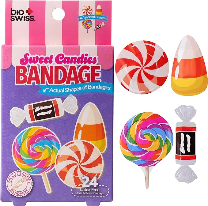 BioSwiss Bandages, Sweet Candies Shaped Self Adhesive Bandage, Latex Free Sterile Wound Care, Fun First Aid Kit Supplies for Kids and Adults, 24 Count