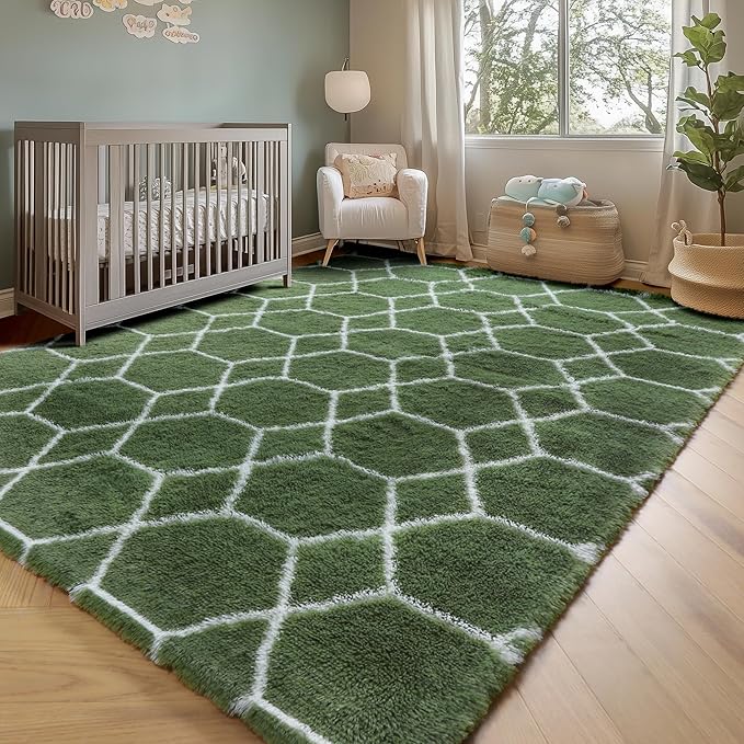 ONASAR 5x7 Area Rugs for Living Room Bedroom, Washable Fluffy Olive Green and White Throw Rug, Geometric Boho Soft Plush Shaggy Floor Carpet for Nursery Kids Girls Boys Teen Dorm Home Decor