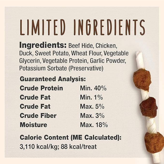 Cadet Gourmet Shish Kabob Dog Treats for Small Dogs, Healthy & Natural Chicken, Duck, & Sweet Potato Chew Sticks, Beef Hide, Small 5 Inch, 4 Ounce (Pack of 1)