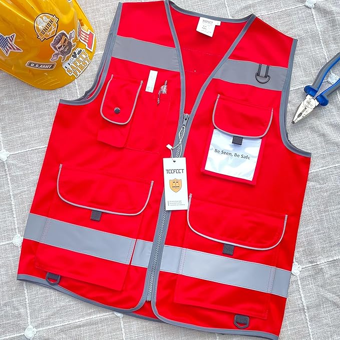 TCCFCCT Safety Vest 9 Pockets High Visibility Reflective Safety Vest for Men Women, Hi Vis Work Vest with Reinforced Sewing, Durable to Use, Meets ANSI/ISEA Standards, (Red, 3X-Large)