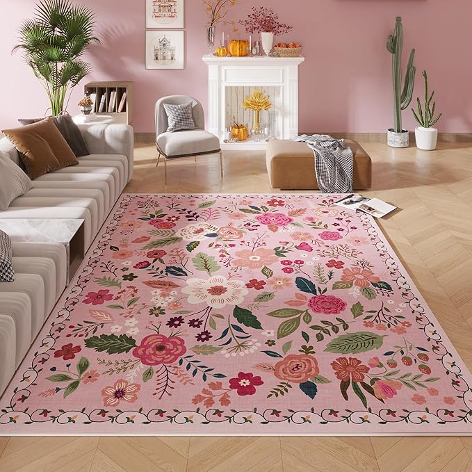 Rugcomf Living Room Rug 5x7 Rug Machine Washable Boho Area Rug Non Slip Floral