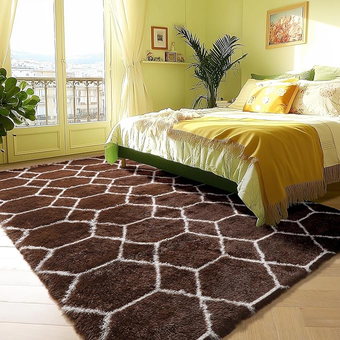 ONASAR 5x7 Area Rugs for Living Room Bedroom, Washable Fluffy Brown and White Throw Rug, Geometric Boho Soft Plush Shaggy Floor Bedside Carpet Mat for Nursery Kids Girls Boys Teen Dorm Home Decor