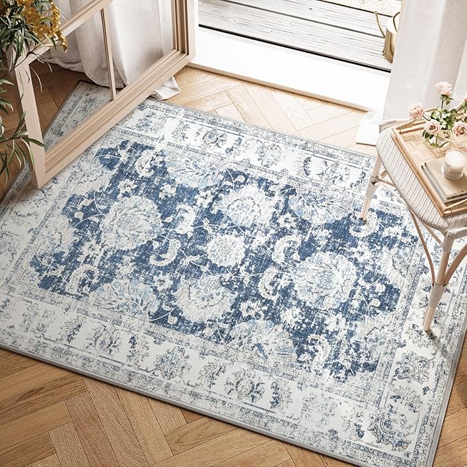 jinchan Floral 2x3 Rugs for Entryway - Vintage Washable Small Non-Slip Distressed Indoor Doormat Ultra-Thin Low-Pile Accent Rug for Entrance Kitchen Bedroom Bathroom (2x3ft,Dark Blue)