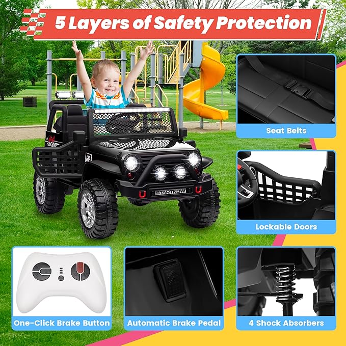 24V 4WD Ride on Truck Car w/800W Motors, Gift Flower, Remote Control, 2 Seaters, Light Bar, 3 Speeds, Pop Music, Power Four Wheels, 24 Volt Ride on Toy Car for Big Kids, Black
