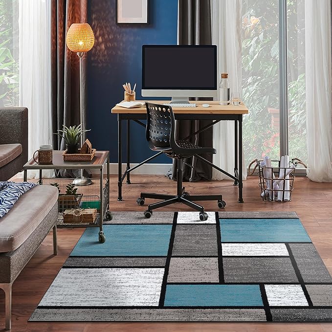Rugshop Contemporary Modern Boxes for Home Office,Living Room,Bedroom,Kitchen Non Shedding Square Area Rug 6'6" x 6'6" Blue