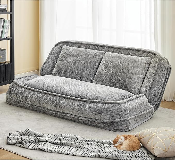 Double Human Dog Bed for Adult and Kids, Comfy Foldable Lazy Floor Loveseat Sofa Bed with 5 Adjustable Position, Upholstered Floor Bean Bag Lounger Chair for Bedroom, Living Room, Office (Gray .)