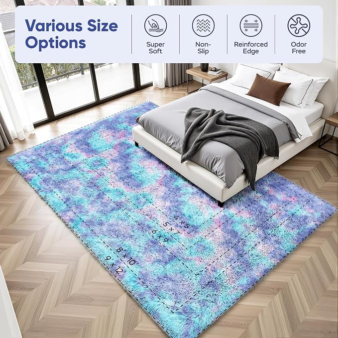 Rainbow Fluffy Rugs for Girls Bedroom: 9x12 Large Shag High Pile Area Rug