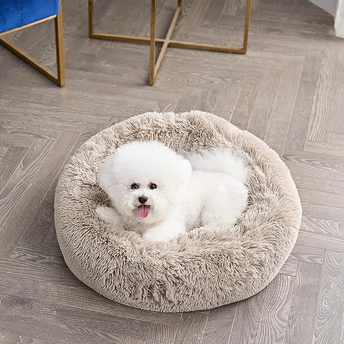 Juicy Couture Devon Faux Fur Small Taupe Round Pet Bed for Dogs and Cats