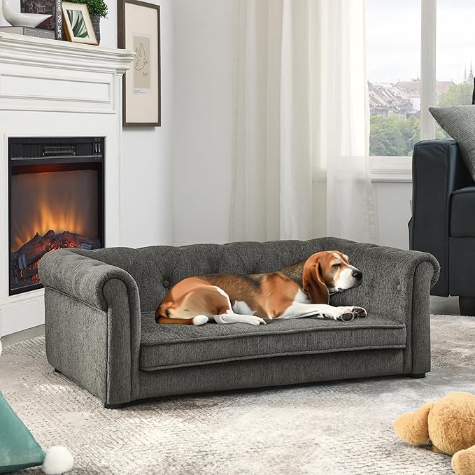 Dog Sofa Couch for Medium to Large Dogs, Memory Foam Dog Couch with Washable Fabric, Removable Cushion, Sofa Bed for Medium and Large Dogs, Dark Gray