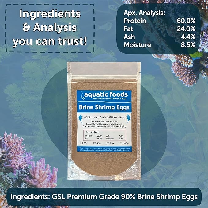 Aquatic Foods Inc. Brine Shrimp Eggs Premium Grade 90% Hatch Rate, Great Salt Lake Artemia Brine Shrimp Eggs. - 25 Grams - .88oz