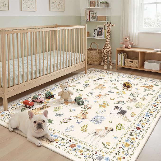 Soalmost Dog 6x9 Area Rugs for Living Room, Machine Washable Animal Floral