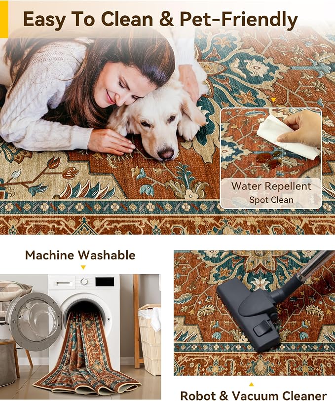 RELEANY Area Rugs Runner 2'6"x8' Washable Non-Slip, Floral Vintage Distress