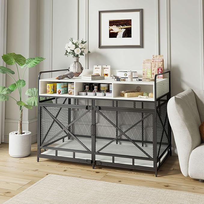 Dog Crate Furniture, 48" Heavy Duty Wooden Dog Crate End Table, XL Dog Kennel Furniture Large Breed, Decorative Dog Kennel Indoor with 3 Drawers & Steel Tubes 48" L x28 W x36 H (White)