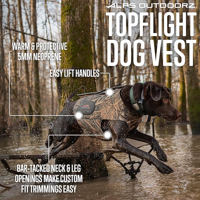 ALPS OutdoorZ Topflight Dog Vest, Dog Hunting Vest with 5mm Neoprene for Warmth, Contoured Neck Design, Buoyancy Flotation Pads, Easy Lift Handles, and Leash Clip, Large - Realtree MAX-7
