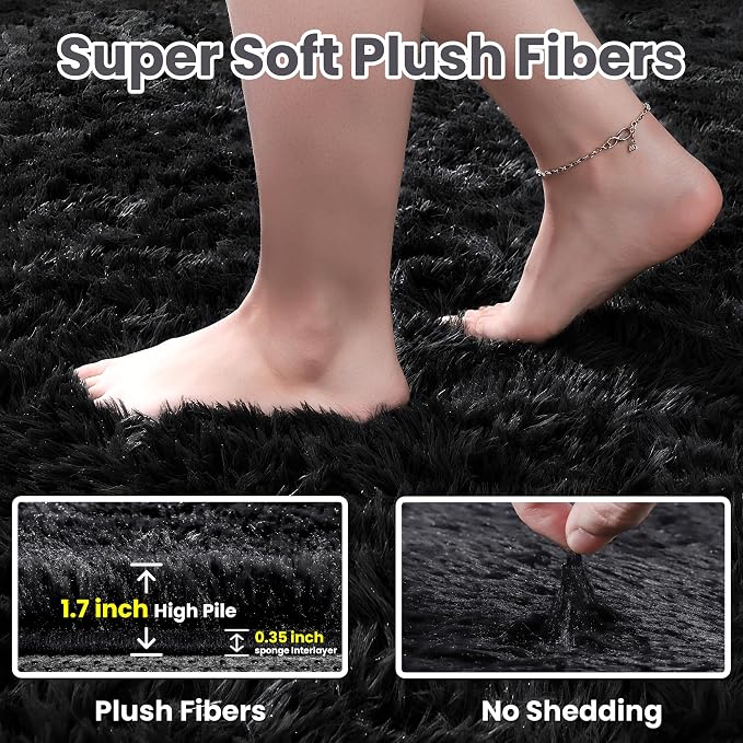 6x9 Area Rugs for Living Room Rug: Soft Fluffy Shag Black Rugs for Bedroom