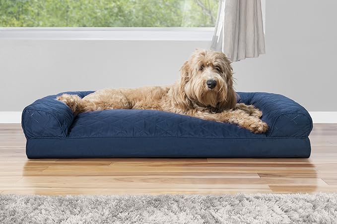 Furhaven Pillow Dog Bed for Large/Medium Dogs w/ Removable Bolsters & Washable Cover - Quilted Sofa - Navy (Blue), Large