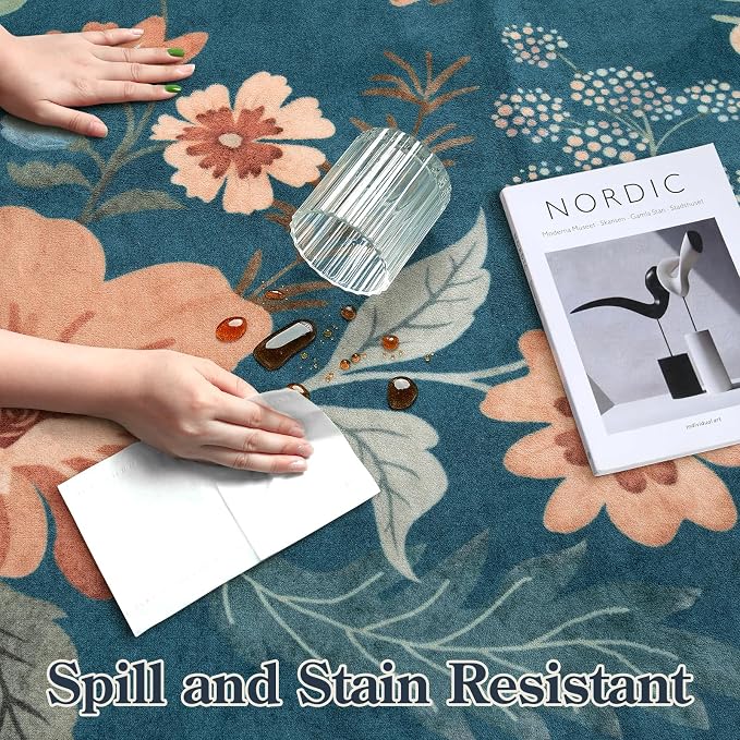 Lahome Floral Washable Area Rug, Ultra-Thin Soft Non-Slip Stain Resistant