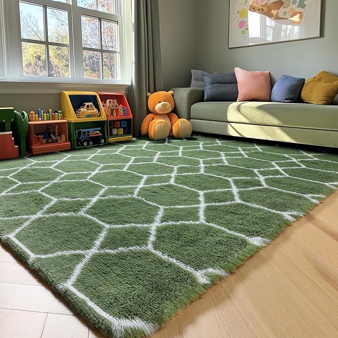 ONASAR 5x7 Area Rugs for Living Room Bedroom, Washable Fluffy Olive Green and White Throw Rug, Geometric Boho Soft Plush Shaggy Floor Carpet for Nursery Kids Girls Boys Teen Dorm Home Decor