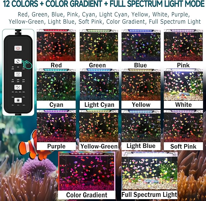 24/7 Mode LED Aquarium Light for 36-45 Inch Plant & Fish Tank, IP68 Full Spectrum Light, Sunrise-Daylight-Moonlight, White Red Green Blue Pink LEDs with Extendable Brackets for Freshwater