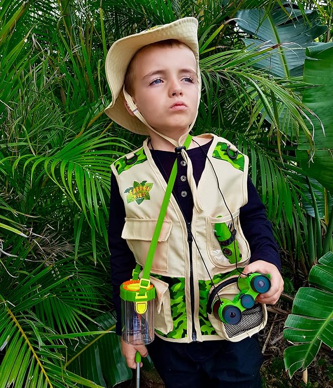 Bug Hunting Kit, Green Safari Vest, Hat, Binoculars, Lg. Butterfly Net, Bug Container, Whistle, Flashlight, Magnifier, Thermostat, Compass, Age 3+