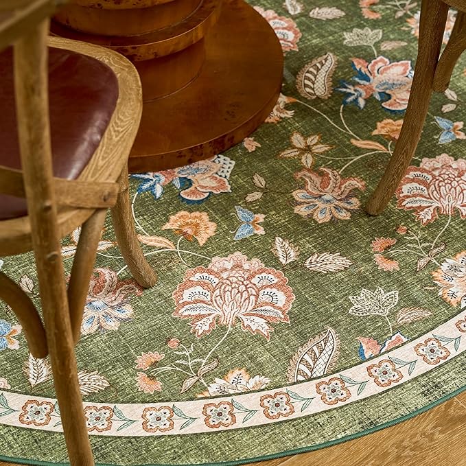 jinchan 8ft Floral Round Rug for Dining Room Washable Living Room Rug Vintage Romance Design Non Slip Indoor Floor Cover Lightweight Low-Profile Throw Carpet for Bedroom Porch Patio, Green