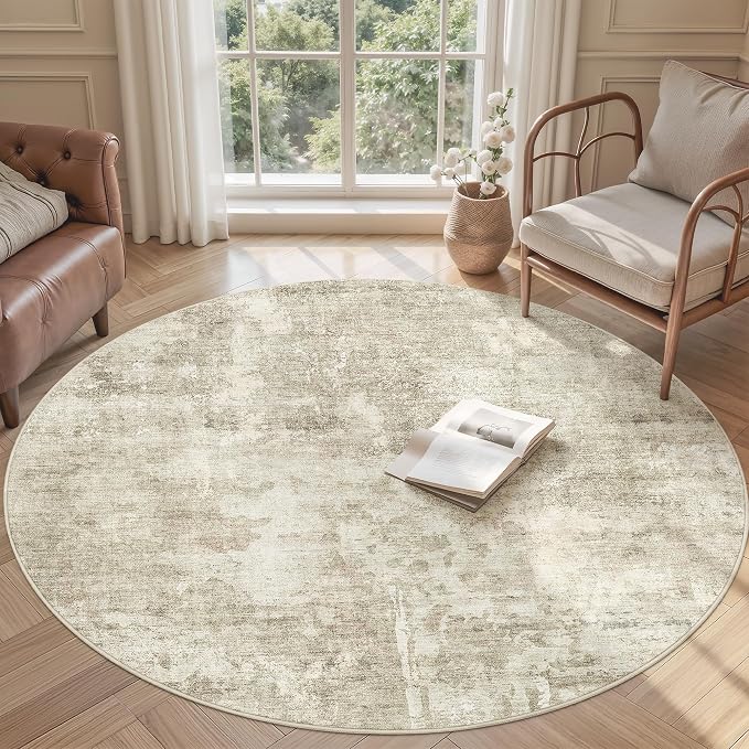 Soalmost 5x5 Beige Gray Round Rug 5ft Living Room Circle Rug Vintage Round Area