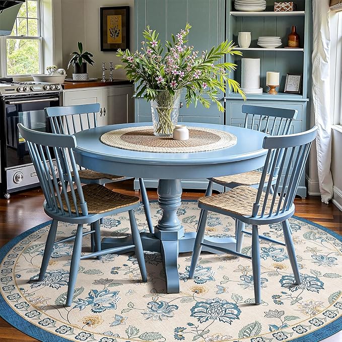 jinchan 7ft Floral Round Rug for Dining Room Washable Living Room Rug Vintage Romance Design Non Slip Indoor Floor Cover Lightweight Low-Profile Throw Carpet for Bedroom Porch Patio, Blue/Beige