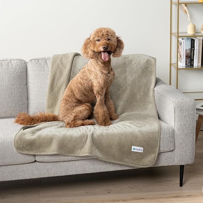 PetAmi Waterproof Dog & Cat Blanket, Pee Proof for Couch, Reversible, Soft Fleece, Washable, 29x40 Taupe