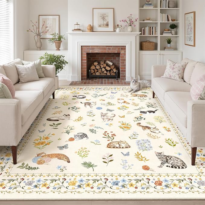 Soalmost Cat 9x12 Area Rugs for Living Room, Machine Washable Animal Floral